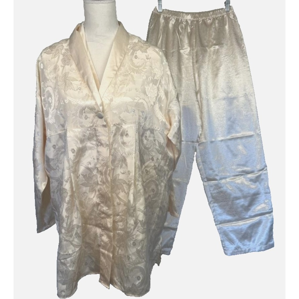 Victorias‎ Secret Pajama Set & Robe Womens Medium Ivory Satin Jacquard Floral M